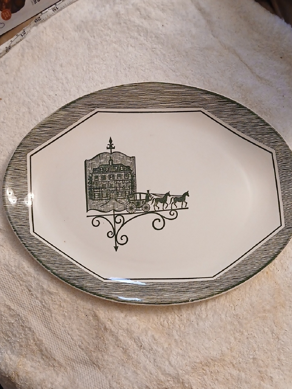 Vtg Scio Pottery Green Transferware Olde Orleans Discont. Pattern Oval Platter